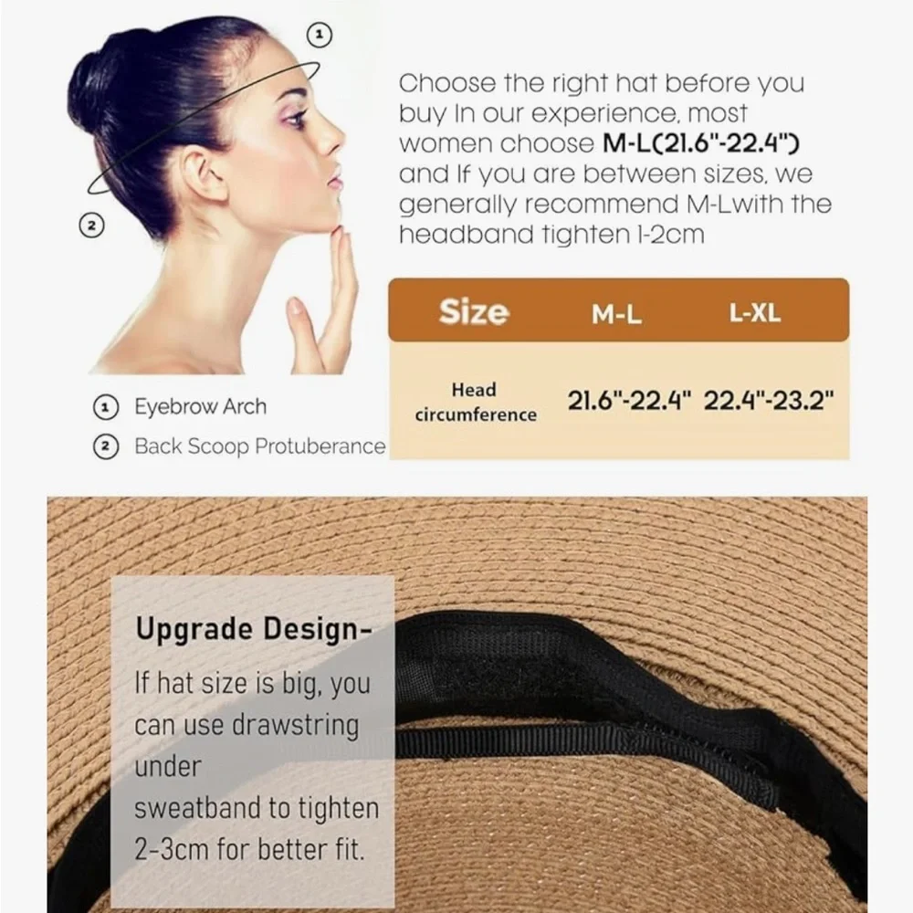 🕶️Packable L/XL 80spf adjustable tan straw Furtalk Sun Hat NWT - Picture 4 of 7